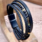 Braided Stone Detail Leather Bracelet — Black — product view 1