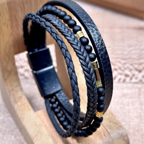 Braided Stone Detail Leather Bracelet — Black — product view 1