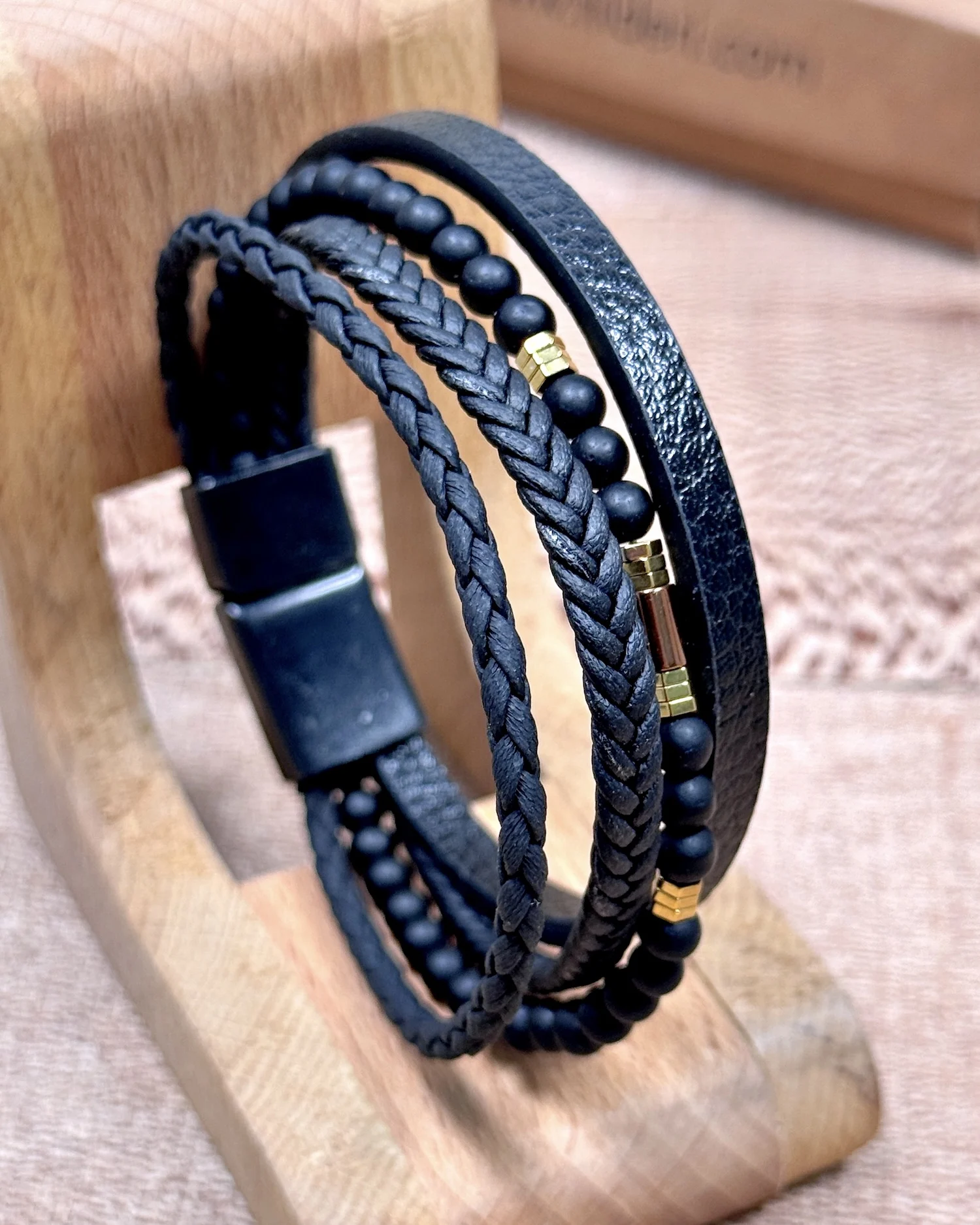 filderi-172436-b515caca0192 Braided Stone Detail Leather Bracelet — Black — product view 1