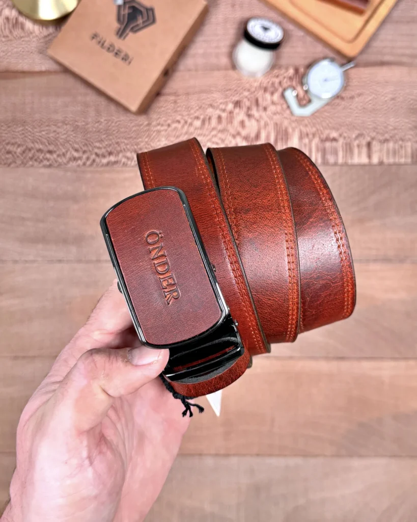 Distressed Ratchet Men's Leather Belt — Reddish Cognac — product view 2