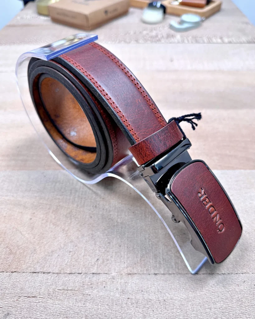 Distressed Ratchet Men's Leather Belt — Reddish Cognac — product view 1