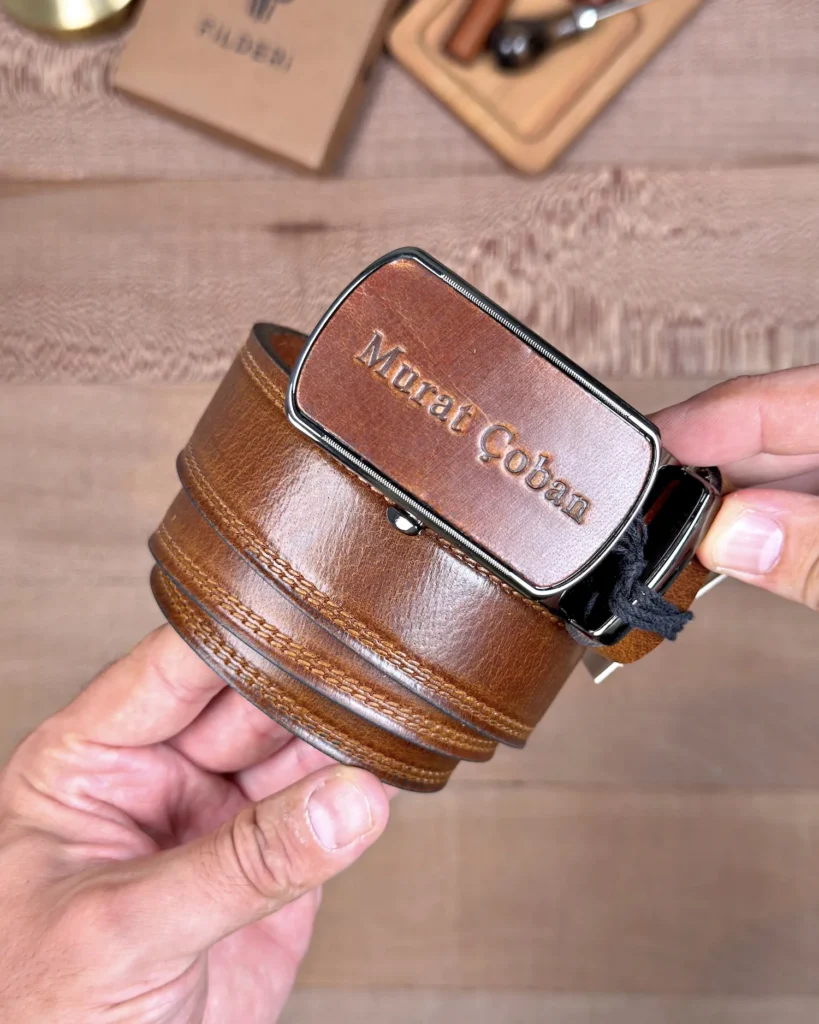 Distressed Ratchet Men's Leather Belt — Cognac — product view 2