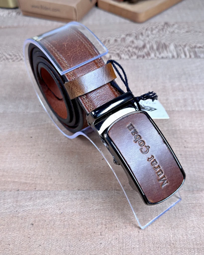 Distressed Ratchet Men's Leather Belt — Cognac — product view 1