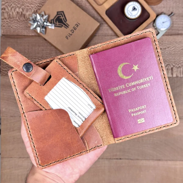 Leather Passport Cover & Luggage Tag — Cognac, 2038 — product view 1