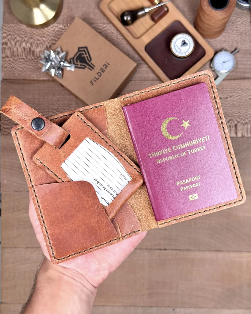 Leather Passport Cover & Luggage Tag — Cognac, 2038 — product view 1