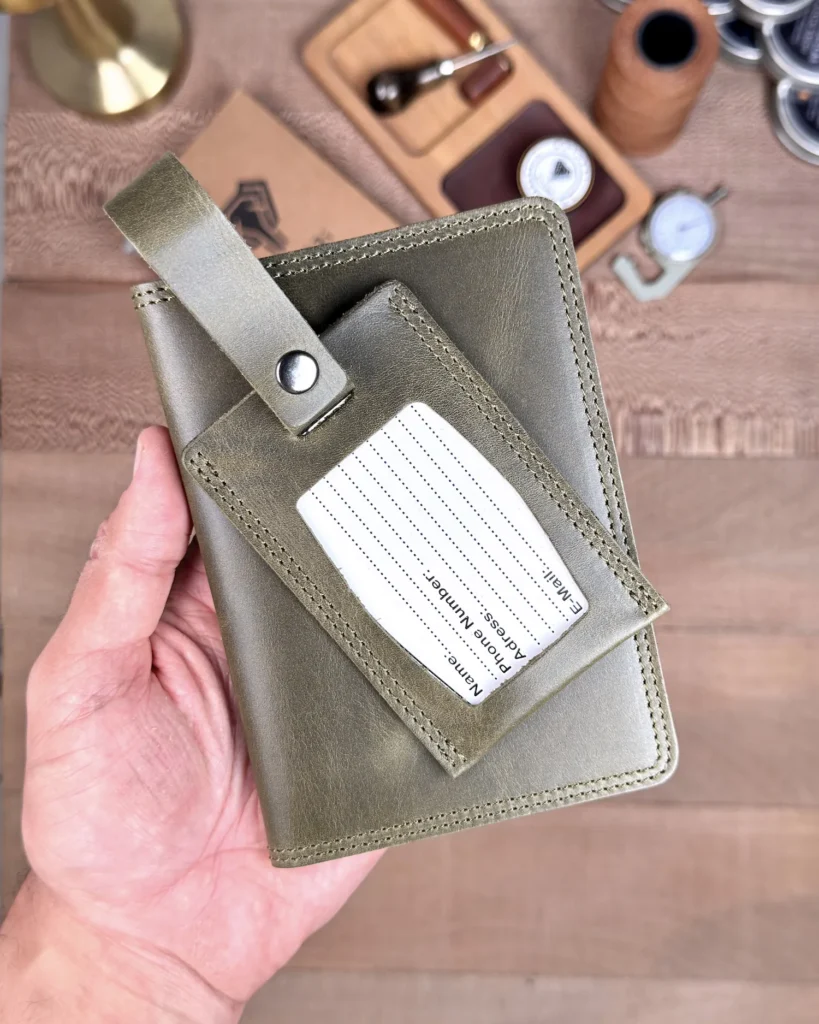 Leather Passport Cover & Luggage Tag — Green, Crazy, 2038 — product view 2