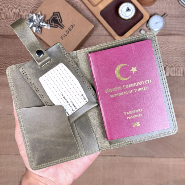 Leather Passport Cover & Luggage Tag — Green, Crazy, 2038 — product view 1