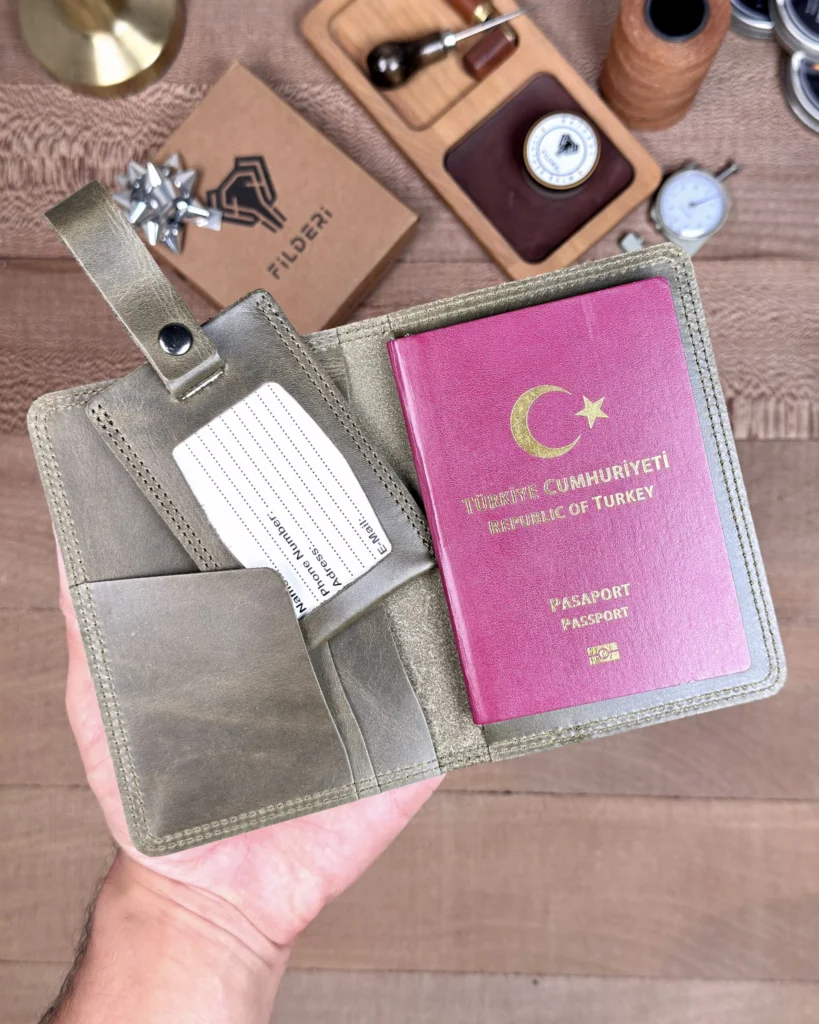 Leather Passport Cover & Luggage Tag — Green, Crazy, 2038 — product view 1