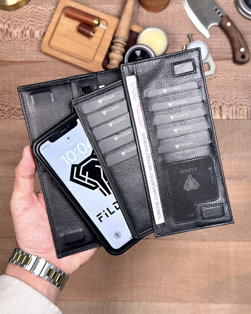 Magnetic Leather Phone Wallet — Glossy Black, 2047 — product view 1