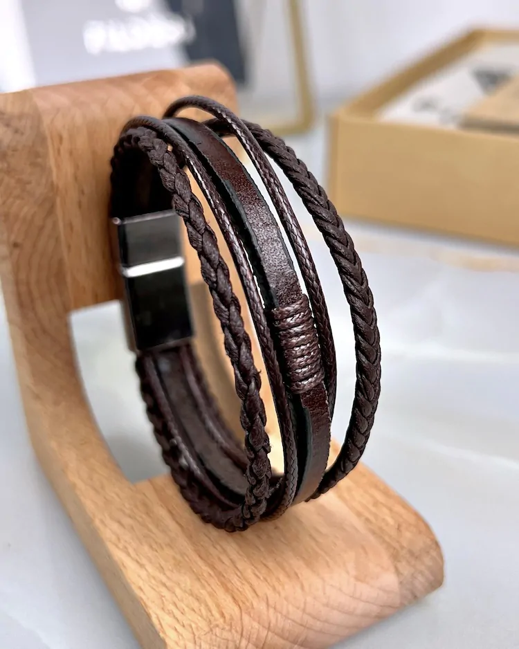 Braided Leather Bracelet — Brown — product view 1