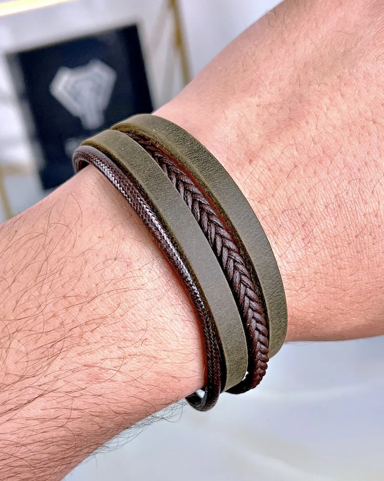 Distressed Leather Bracelet — Khaki — product view 2