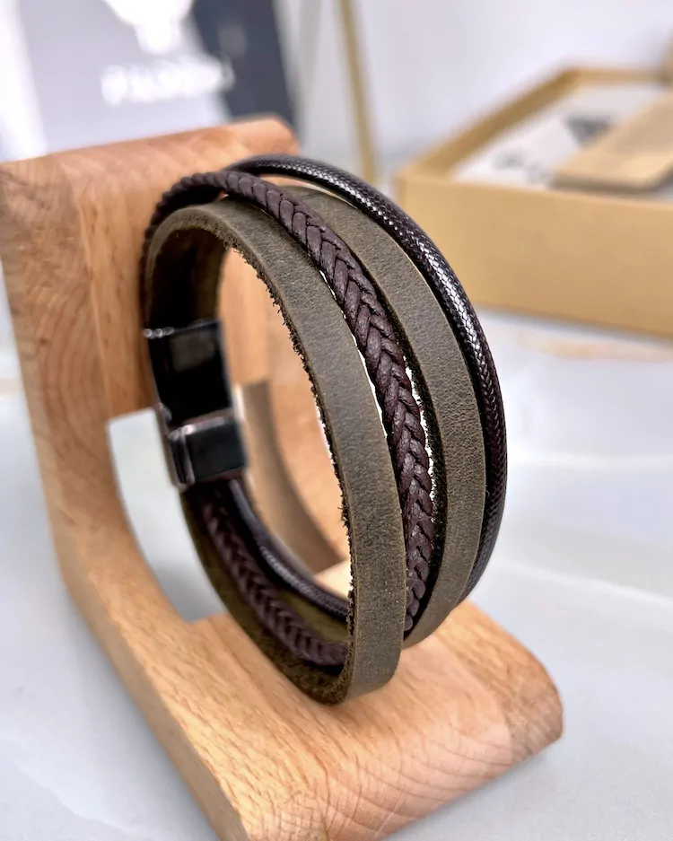 Distressed Leather Bracelet — Khaki — product view 1