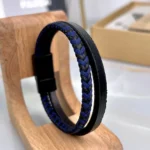 Braided Leather Bracelet — Black, Navy — product view 1