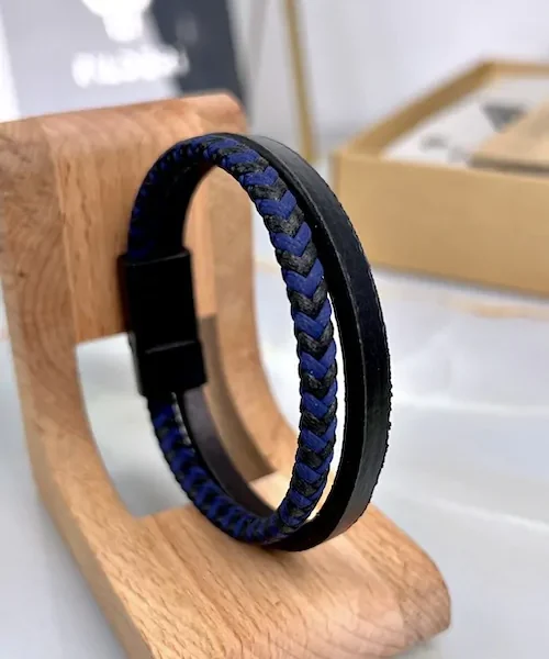 Braided Leather Bracelet — Black, Navy — product view 1
