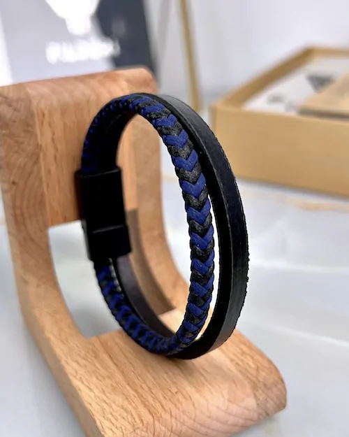 Braided Leather Bracelet — Black, Navy — product view 1