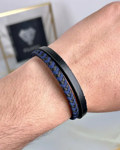 Braided Leather Bracelet — Black, Navy — product view 2