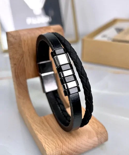 Braided Leather Bracelet — Black — product view 1
