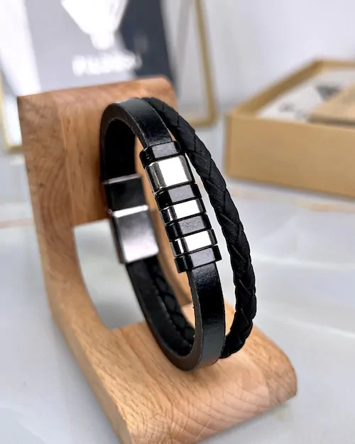 Braided Leather Bracelet — Black — product view 1