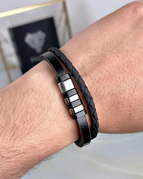 Braided Leather Bracelet — Black — product view 2