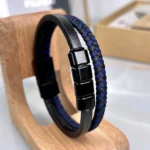 Braided Leather Bracelet — Navy, Black — product view 1