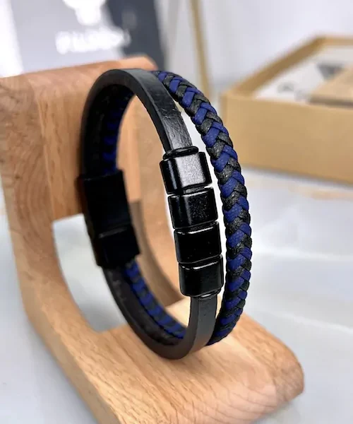 Braided Leather Bracelet — Navy, Black — product view 1