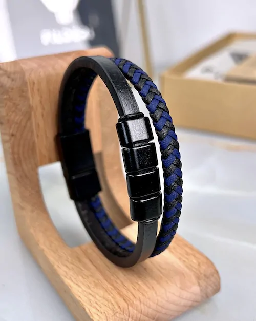 Braided Leather Bracelet — Navy, Black — product view 1