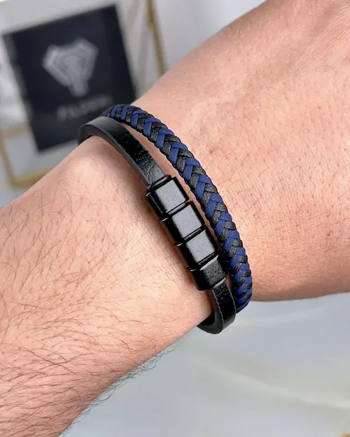 Braided Leather Bracelet — Navy, Black — product view 2