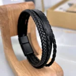 Magnetic Leather Bracelet — Black — product view 1