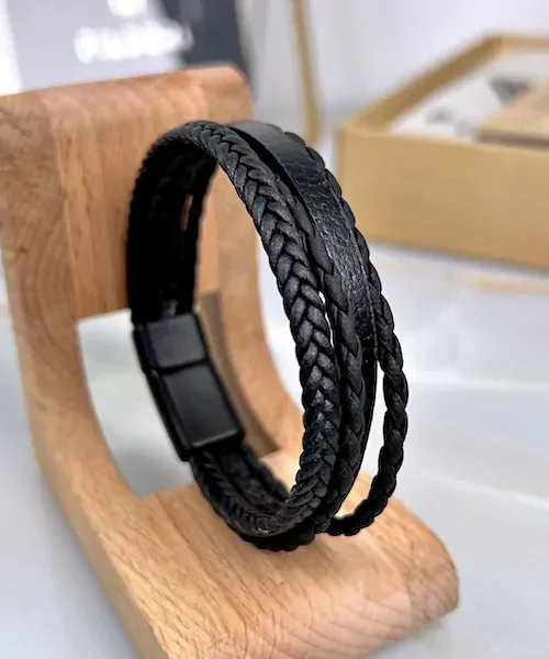 Magnetic Leather Bracelet — Black — product view 1