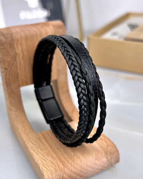Magnetic Leather Bracelet — Black — product view 1