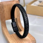 Braided Leather Bracelet — Black — product view 1