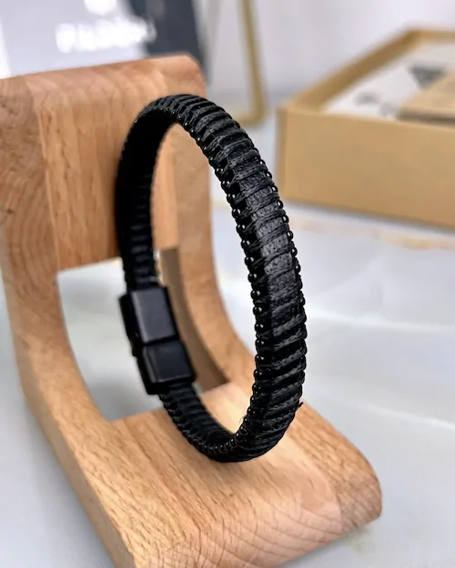 Braided Leather Bracelet — Black — product view 1