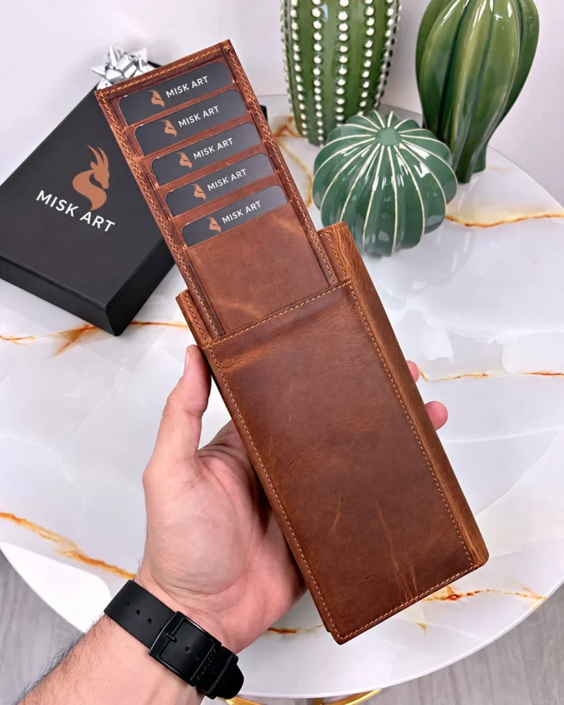 Magnetic Leather Phone Wallet — Hazelnut Brown, 2047, product photograph with MISK ART gazelle branding.