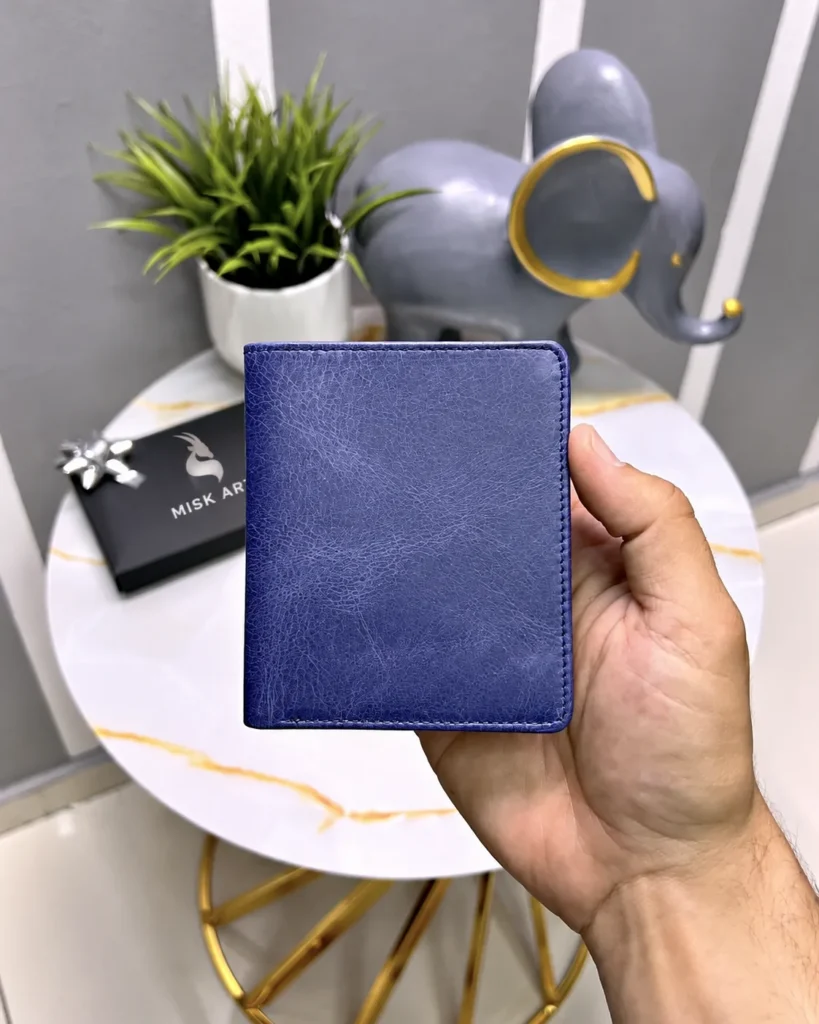 Leather Card Holder — Navy, 2004, product photograph with MISK ART gazelle branding.