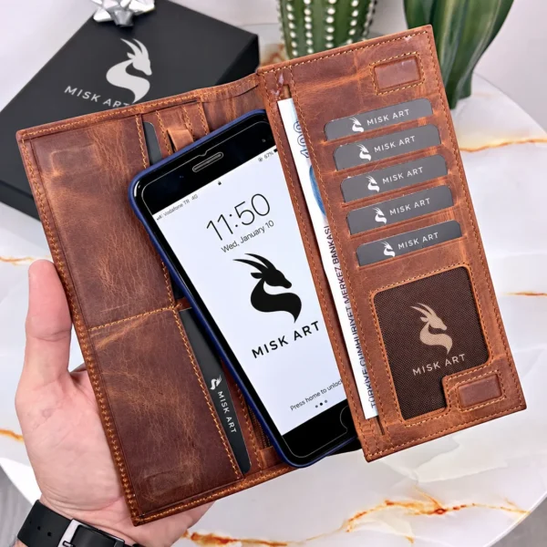 Magnetic Leather Phone Wallet — Hazelnut Brown, 2047, product photograph with MISK ART gazelle branding.