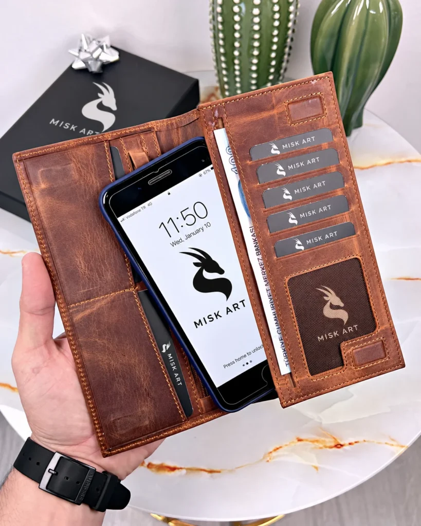 Magnetic Leather Phone Wallet — Hazelnut Brown, 2047, product photograph with MISK ART gazelle branding.