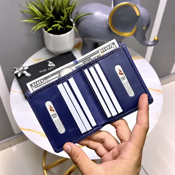 Leather Card Holder — Navy, 2004, product photograph with MISK ART gazelle branding.