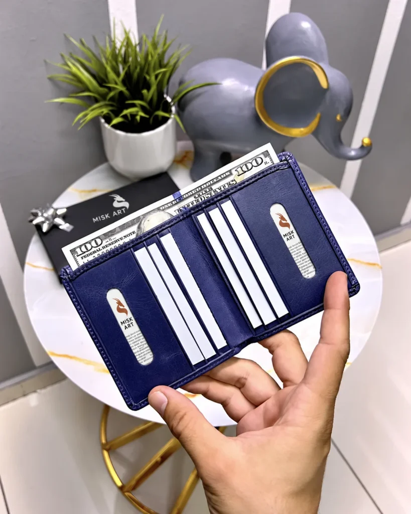 Leather Card Holder — Navy, 2004, product photograph with MISK ART gazelle branding.