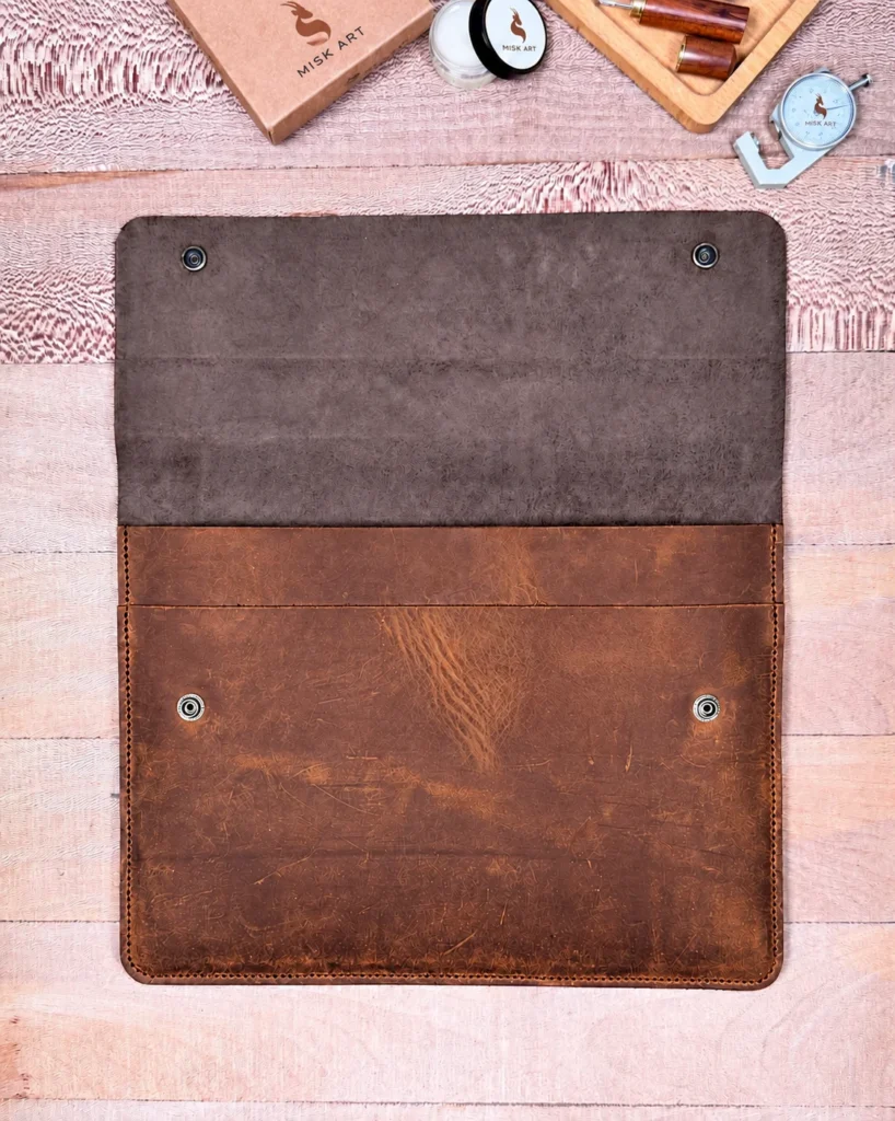 MISK ART brown leather MacBook Air sleeve — open sleeve interior