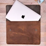 MISK ART brown leather MacBook Air sleeve — open sleeve with laptop