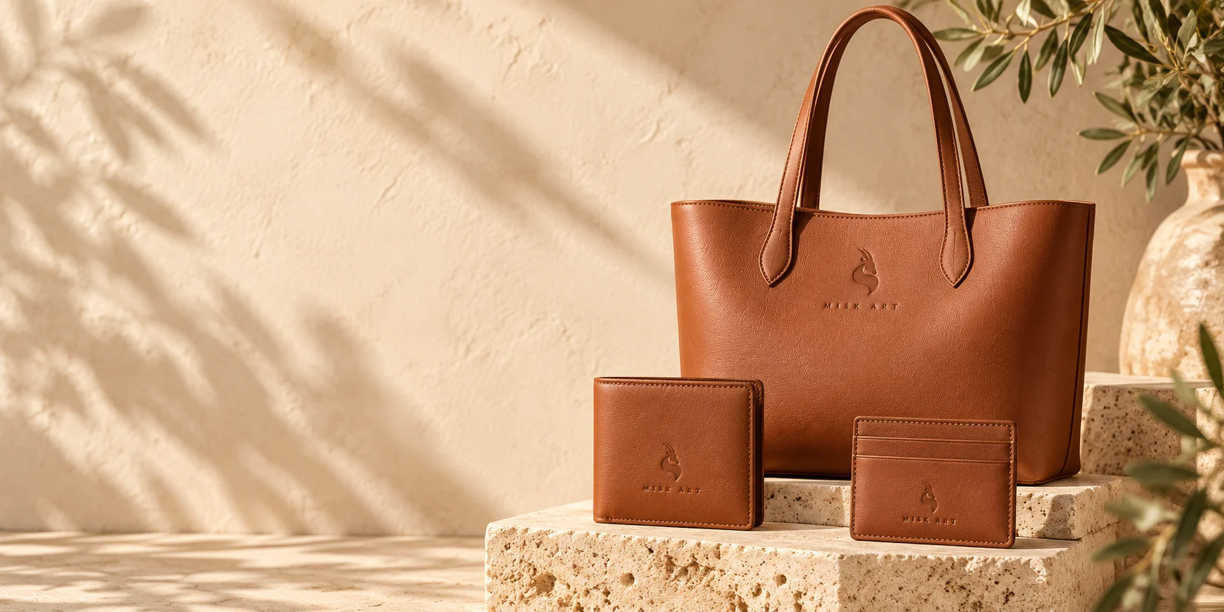 MISK ART cognac leather tote, wallet and card holder with gazelle emblems
