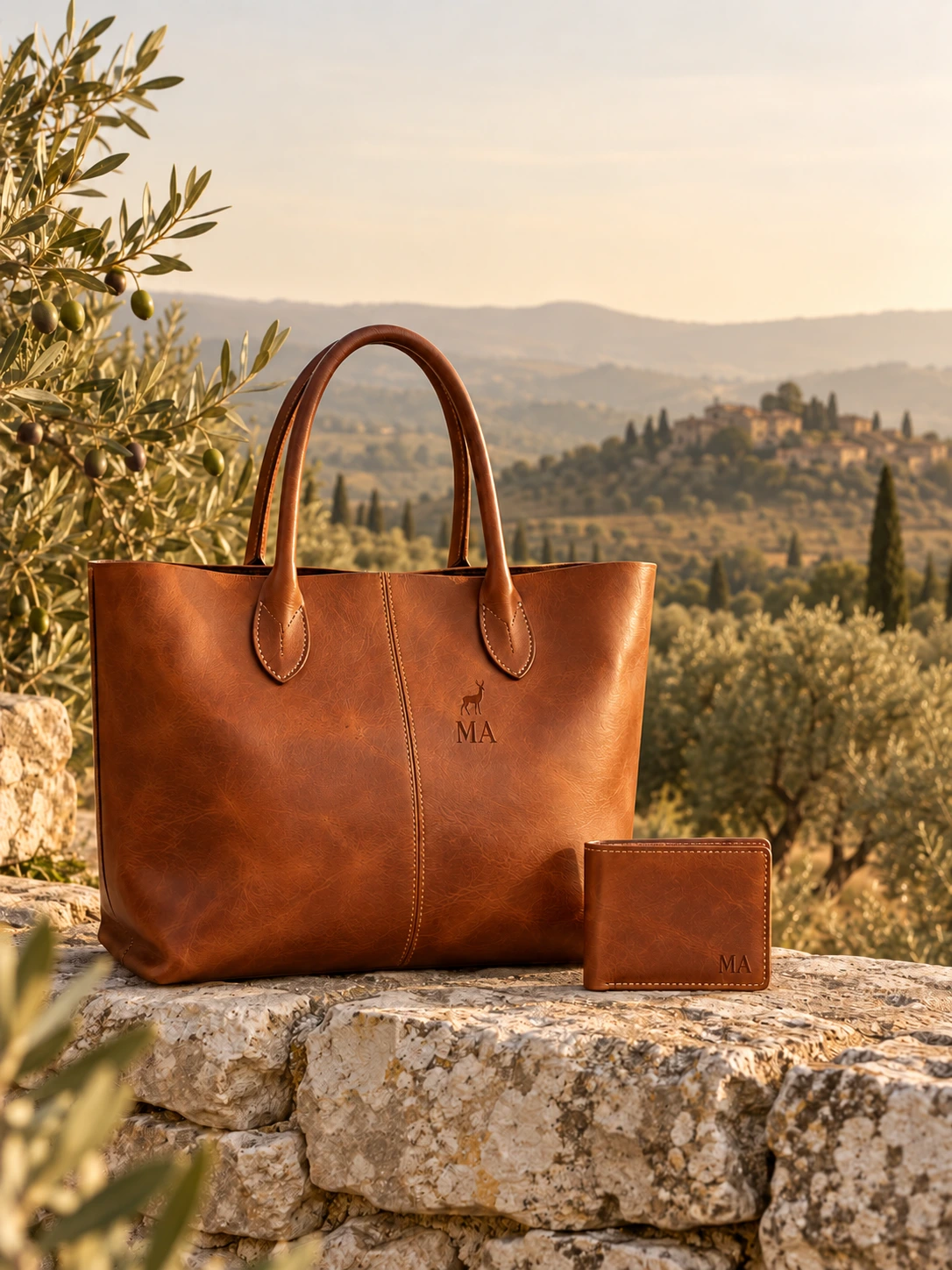 Cognac leather tote and wallet with personalisation