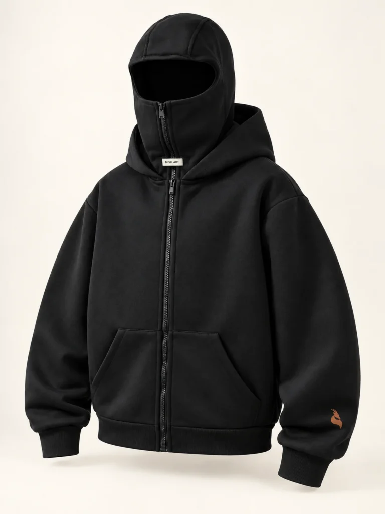MISK ART Zip-Up Mask Hoodie – Custom Print Ready – Black Detail, gazelle branding on an ivory studio background