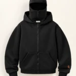 MISK ART Zip-Up Mask Hoodie – Custom Print Ready – Black Front, gazelle branding on an ivory studio background