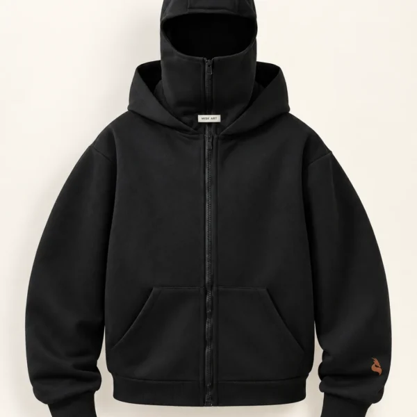 MISK ART Zip-Up Mask Hoodie – Custom Print Ready – Black Front, gazelle branding on an ivory studio background