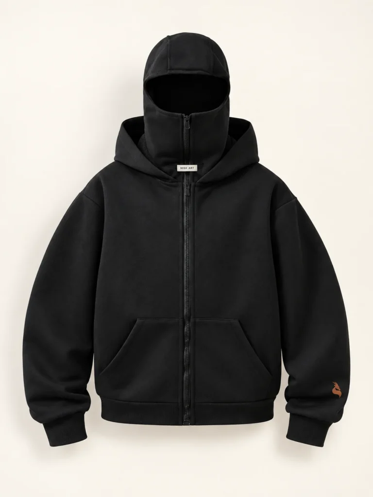 MISK ART Zip-Up Mask Hoodie – Custom Print Ready – Black Front, gazelle branding on an ivory studio background