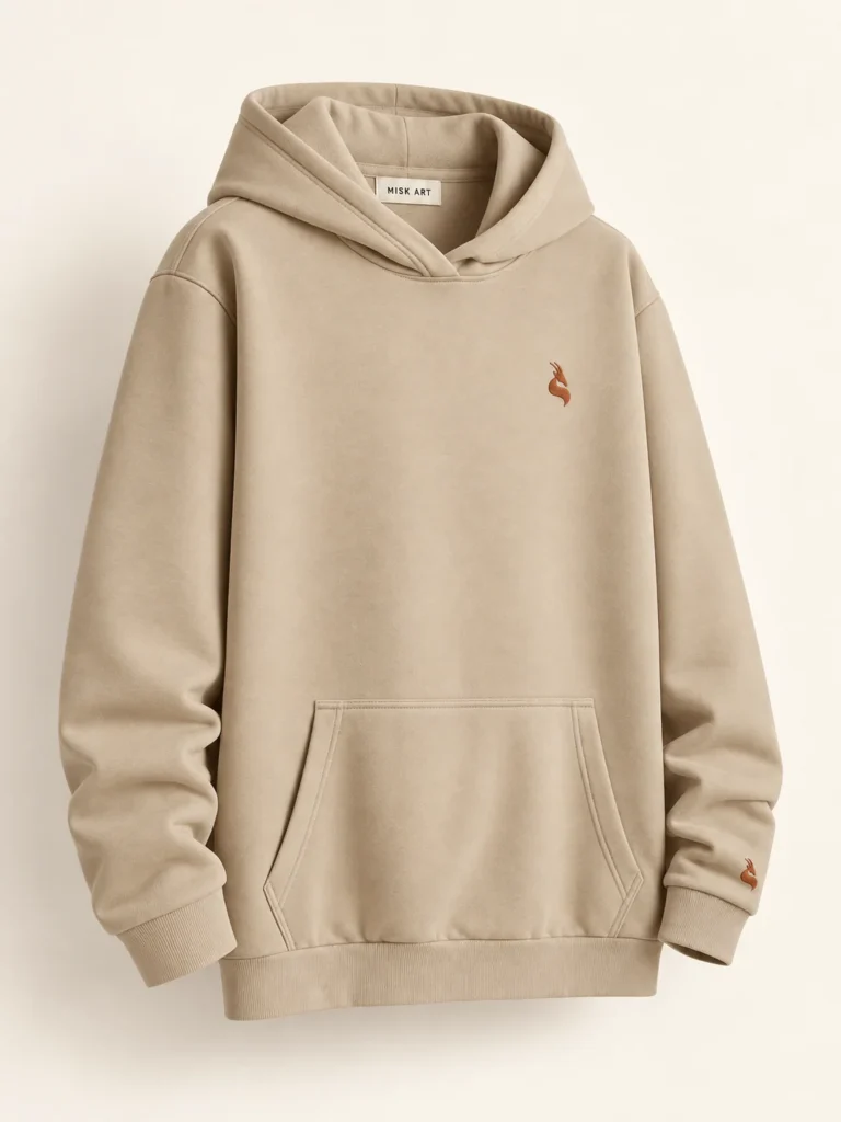 MISK ART Premium Everyday Hoodie – Custom Print Ready – Beige Detail, gazelle branding on an ivory studio background