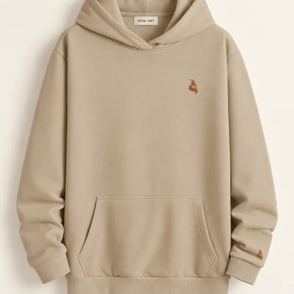 MISK ART Premium Everyday Hoodie – Custom Print Ready – Beige Front, gazelle branding on an ivory studio background