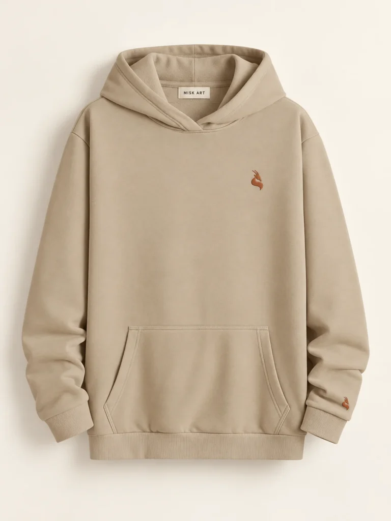 MISK ART Premium Everyday Hoodie – Custom Print Ready – Beige Front, gazelle branding on an ivory studio background