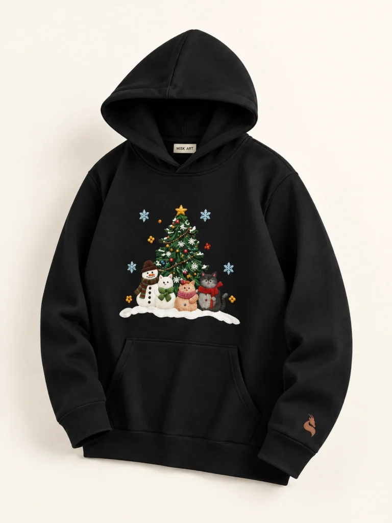 MISK ART Christmas Tree & Friends Hoodie – Black Detail, gazelle branding on an ivory studio background